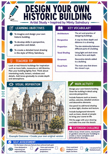 Minty Sainsbury Artist Study – Design Your Own Historic Building | KS3 Art Worksheet