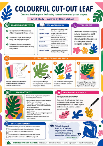 Henri Matisse Colourful Cut-Out Leaf | KS3 Art Worksheet & Cover Lesson