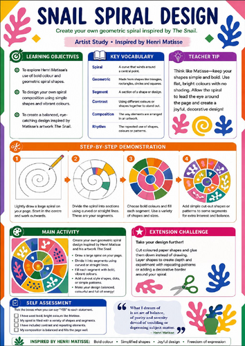 Henri Matisse Snail Spiral Design | KS3 Art Worksheet & Cover Lesson