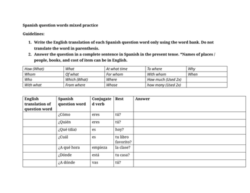 Spanish question words mixed practice