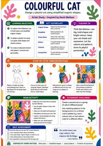 Henri Matisse Colourful Cat | KS3 Art Worksheet & Cover Lesson