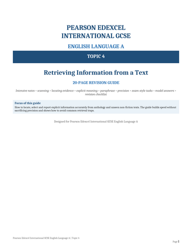 Pearson Edexcel International GCSE English Language A – Topic 4: Retrieving Information from a Text
