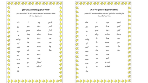 Y1 CEW list for Reading Diary