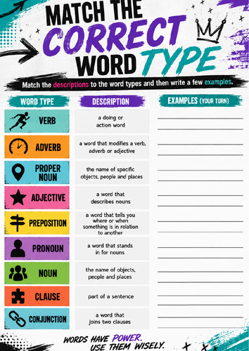 Match the Correct Word Type | Grammar & Word Classes Worksheet