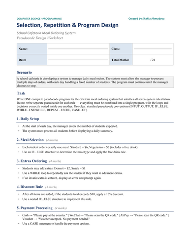 Cafeteria Meal Ordering System – Pseudocode Programming Worksheet (IF/ELSE, WHILE, CASE, REPEAT/UNTI