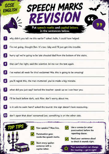 Speech Marks Revision Worksheet + Answer Sheet | GCSE English SPaG
