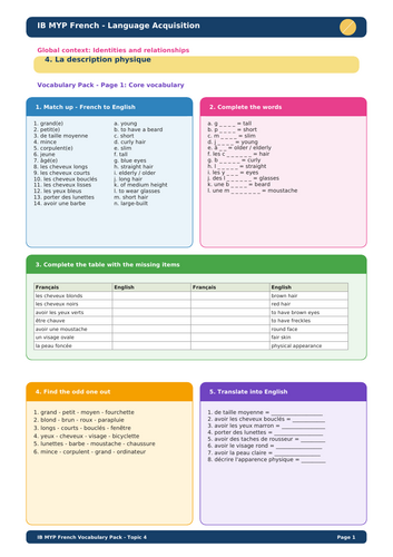 IB MYP French Language Acquisition – Topic 4: La description physique Vocabulary Pack