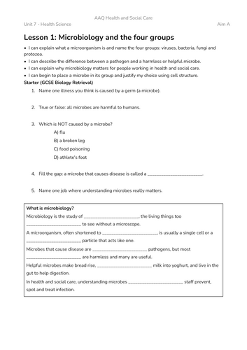 BTEC AAQ Health and Social Care - Unit 7- Free Sample!