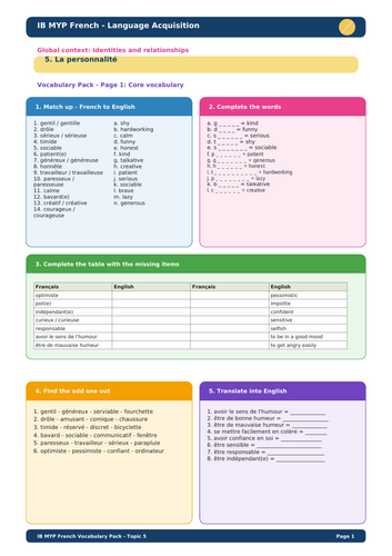 IB MYP French Language Acquisition – Topic 5: La personnalité Vocabulary Pack