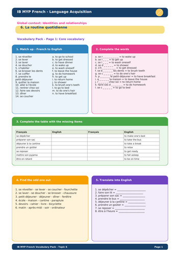 IB MYP French Language Acquisition – Topic 6: La routine quotidienne Vocabulary Pack