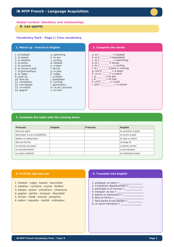 IB MYP French Language Acquisition – Topic 8: Les sports Vocabulary Pack