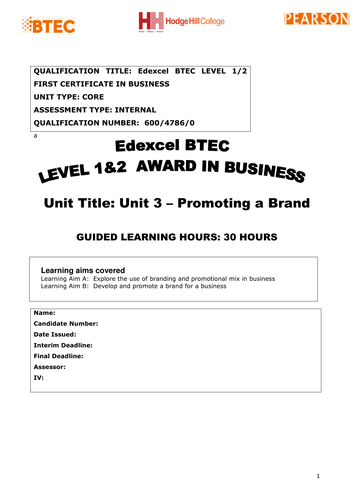Level 2 Business - Unit 3 Promoting a Brand