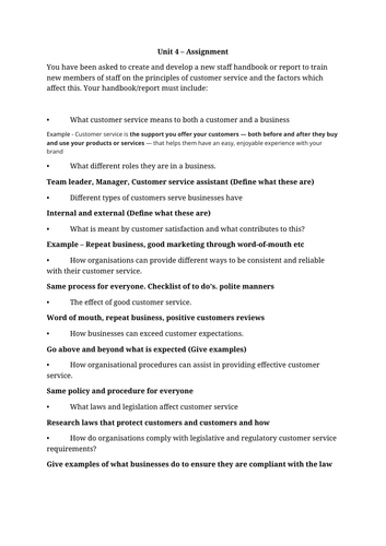 Level 2 Business - Unit 4 Principles of Customer Service