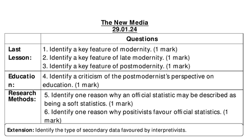 AQA A Level Sociology Media Lessons (7192)