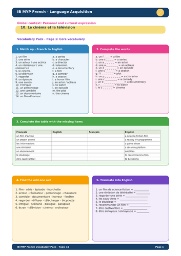 IB MYP French Language Acquisition – Topic 10: Le cinéma et la télévision Vocabulary Pack