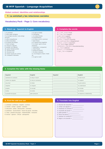 IB MYP Spanish Vocabulary – Topic 7: La amistad y las relaciones sociales