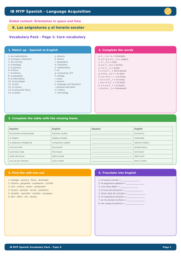 IB MYP Spanish Vocabulary – Topic 8: Las asignaturas y el horario escolar