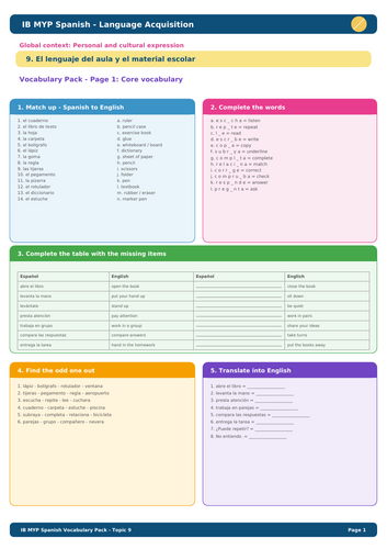 IB MYP Spanish Vocabulary – Topic 9: El lenguaje del aula y el material escolar