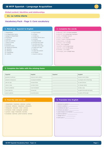 IB MYP Spanish Vocabulary – Topic 11: La rutina diaria
