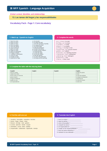 IB MYP Spanish Vocabulary – Topic 13: Las tareas del hogar y las responsabilidades