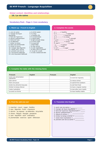 IB MYP French Language Acquisition – Topic 16: La vie saine Vocabulary Pack