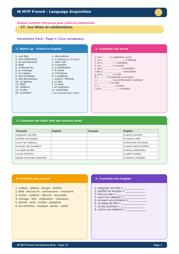 IB MYP French Language Acquisition – Topic 17: Les fêtes et célébrations Vocabulary Pack
