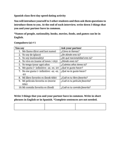 Spanish class first day speed dating activity