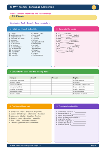 IB MYP French Language Acquisition – Topic 19: L’école Vocabulary Pack  This three-page IB MYP Frenc