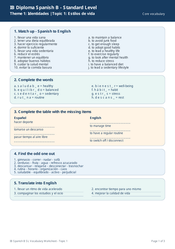 IB Spanish B SL – Topic 1: Estilos de vida Vocabulary Worksheet
