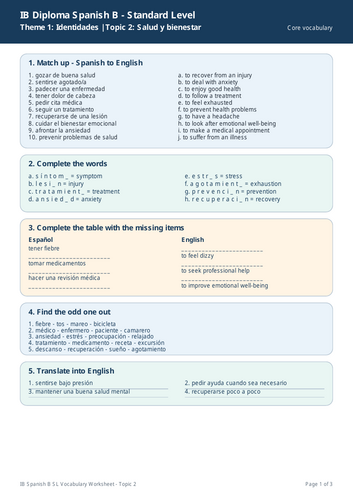 IB Spanish B SL – Topic 2: Salud y bienestar Vocabulary Worksheet