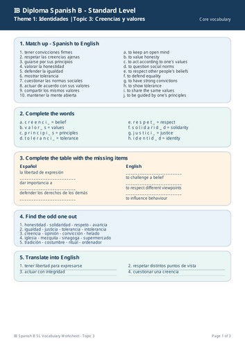 IB Spanish B SL – Topic 3: Creencias y valores Vocabulary Worksheet
