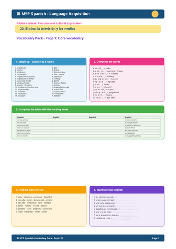 IB MYP Spanish Vocabulary – Topic 20: El cine, la televisión y los medios