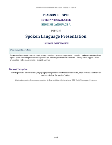 Pearson Edexcel International GCSE English Language A – Topic 39: Spoken Language Presentation