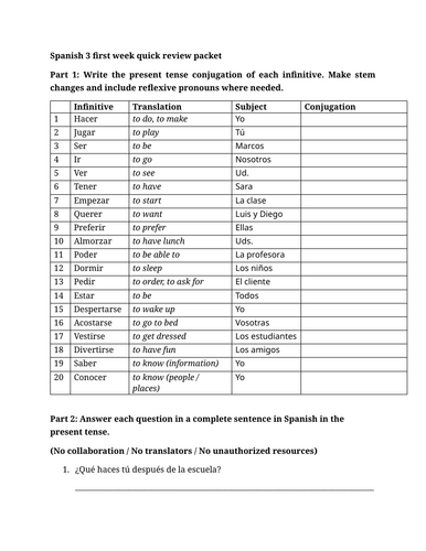 Spanish 3 first week quick review packet