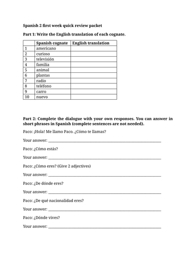 Spanish 2 first week quick review packet