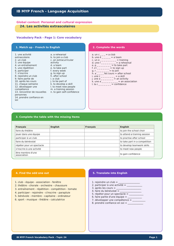 IB MYP French Language Acquisition – Topic 24: Les activités extrascolaires Vocabulary Pack + Markin