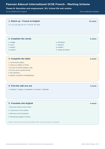 Pearson Edexcel International GCSE French Theme B: Education and Employment Vocabulary Bundle + Answ