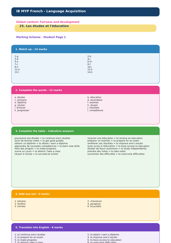 IB MYP French Language Acquisition – Topic 25: Les études et l’éducation Vocabulary Pack + Marking S