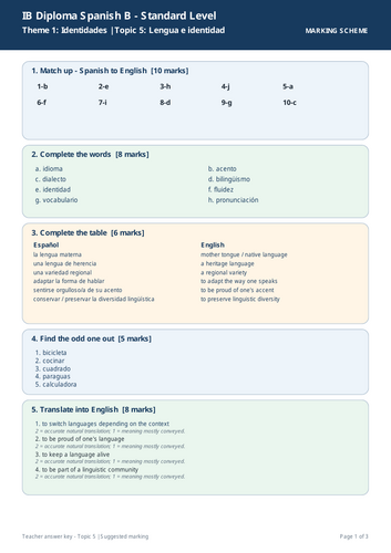 IB Spanish B SL – Topic 5: Lengua e identidad Vocabulary Worksheet + Marking Scheme