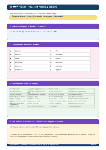 IB MYP French Language Acquisition – Topic 24: Les activités extrascolaires Vocabulary Pack + Answer