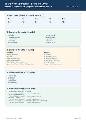IB Spanish B SL – Topic 6: Actividades de ocio Worksheet + Marking Scheme