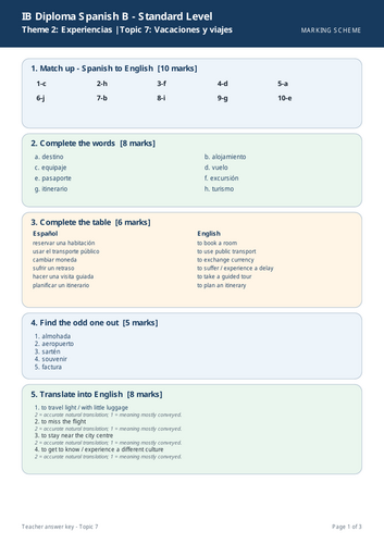 IB Spanish B SL – Topic 7: Vacaciones y viajes Worksheet + Marking Scheme