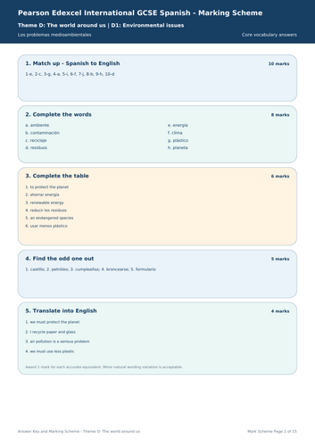 Pearson Edexcel International GCSE Spanish Theme D: The World Around Us Bundle + Answers