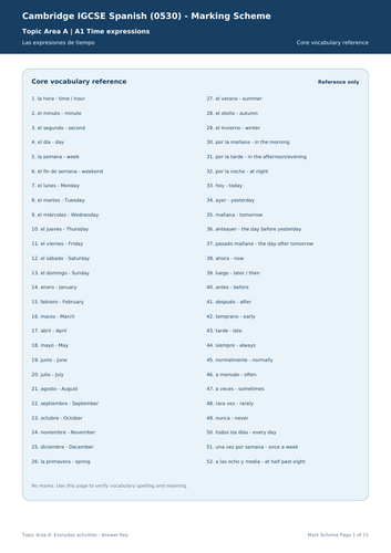 Cambridge IGCSE Spanish 0530 Topic Area A: Everyday Activities Vocabulary Bundle + Answers
