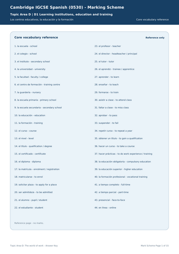 Cambridge IGCSE Spanish 0530 Topic Area D: The World of Work Bundle + Answers