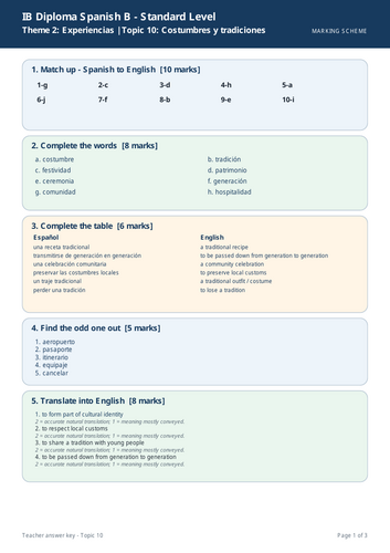 IB Spanish B SL – Topic 10: Costumbres y tradiciones Worksheet + Marking Scheme