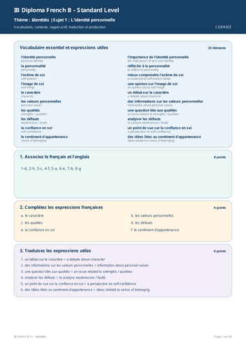 IB French B SL Identités Vocabulary Workbook + Full Marking Scheme