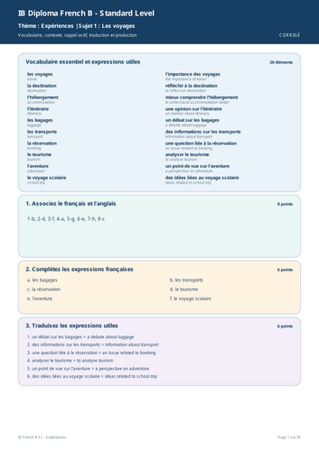 IB French B SL Expériences Vocabulary Workbook + Full Marking Scheme