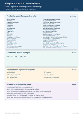 IB French B SL Ingéniosité Humaine Vocabulary Workbook + Full Marking Scheme