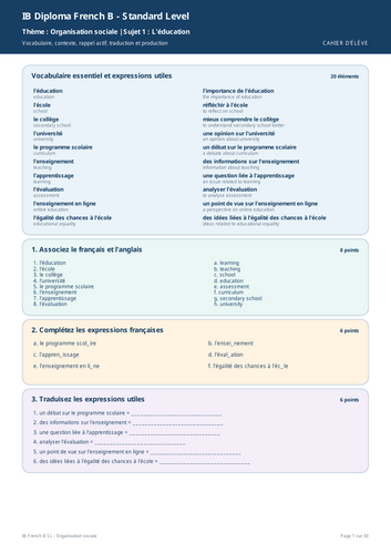 IB French B SL Organisation Sociale Vocabulary Workbook + Full Marking Scheme